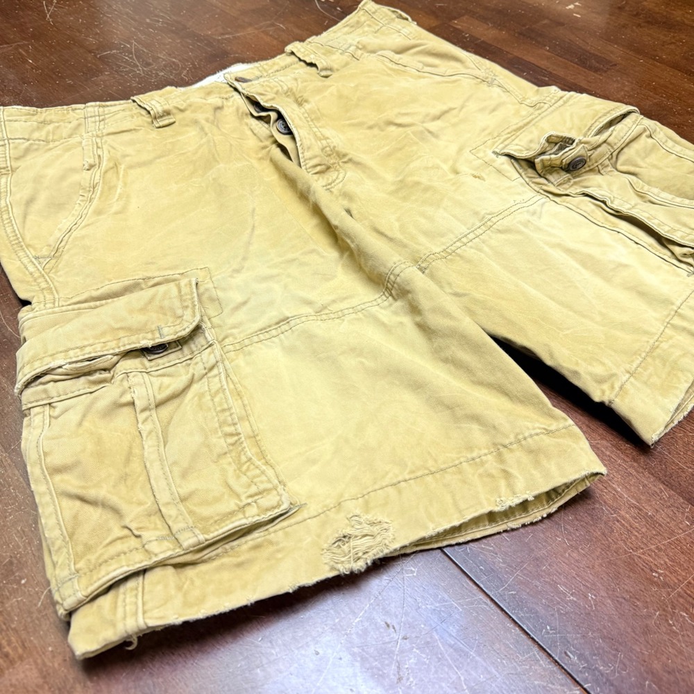 Abercrombie Fitch distressed Cargo Shorts Mens 36/38 Tan Button Fly Utility VTG - Picture 3 of 11